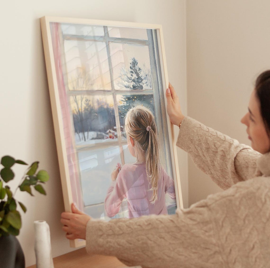 Girl Gazing Out Window At Snowy Winter Landscape Soft Art Poster - Image 3