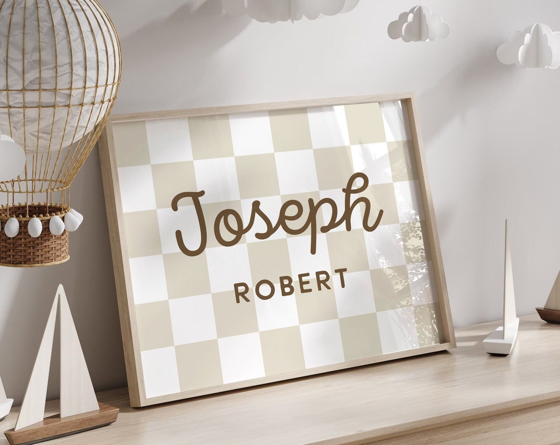 Joseph Robert Custom Name Sign Beige Checkerboard Nursery Poster