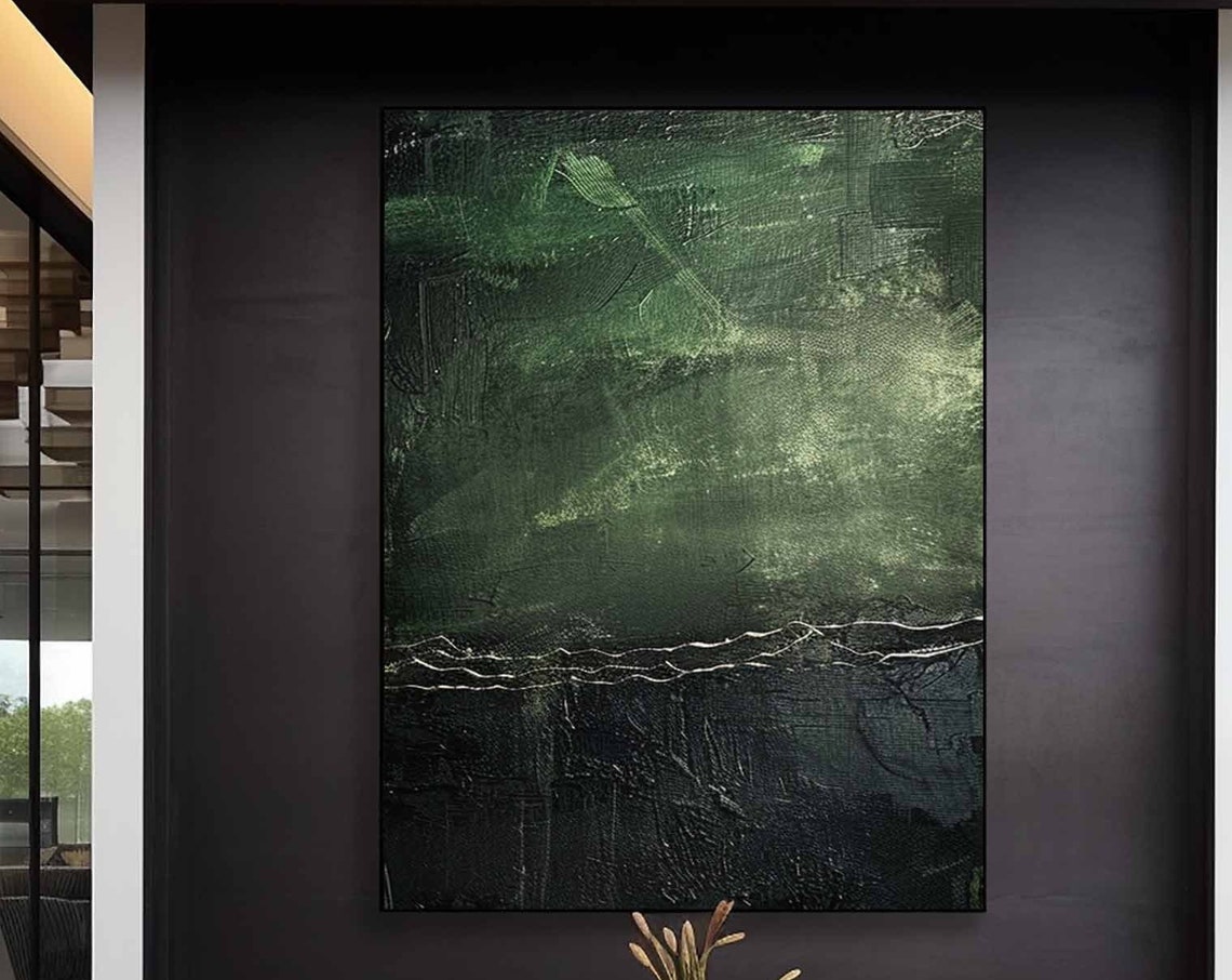 Moody Dark Green and Black Abstract Textured Painting Poster