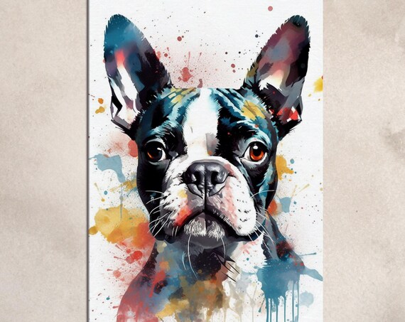 Cute Boston Terrier Canvas Colorful Wall Art Print Picture For Dog Lovers Watercolor Tuxedo Dog Mom Painting Gift Pet Birthday Present