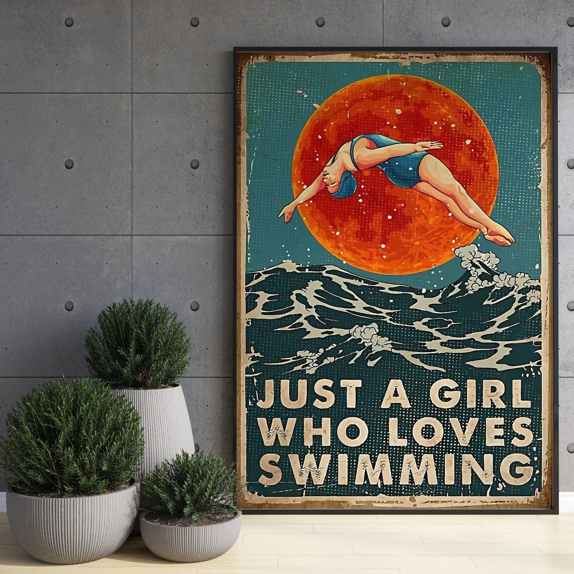 Just A Girl Who Loves Swimming Diver Sunset Waves Vintage Poster - Image 3