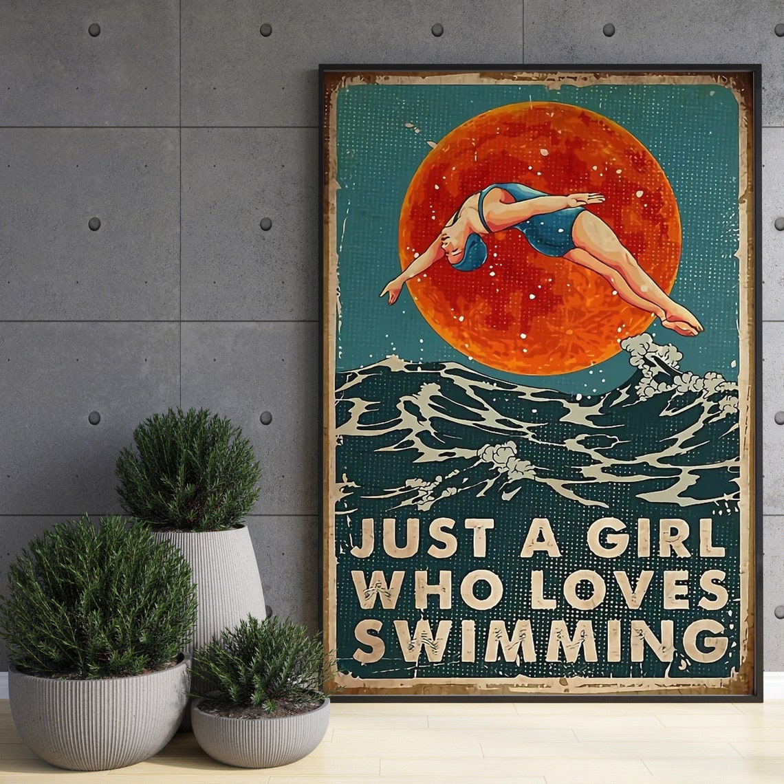 Swimming Girl Poster Just A Girl Who Loves Swimming Vintage Swimming Girl Wall Art Swimming Wall Decor Ocean Swimming Lover Poster - Image 3