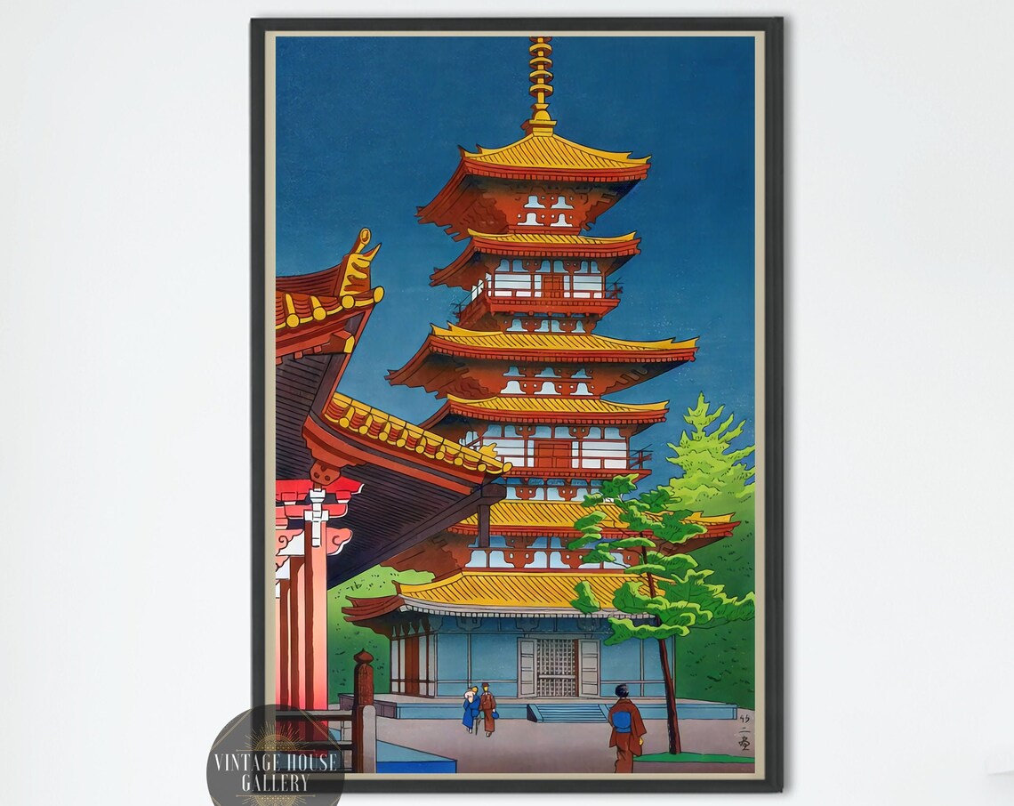 Five Story Vermilion Japanese Pagoda Against Deep Blue Sky Art Print