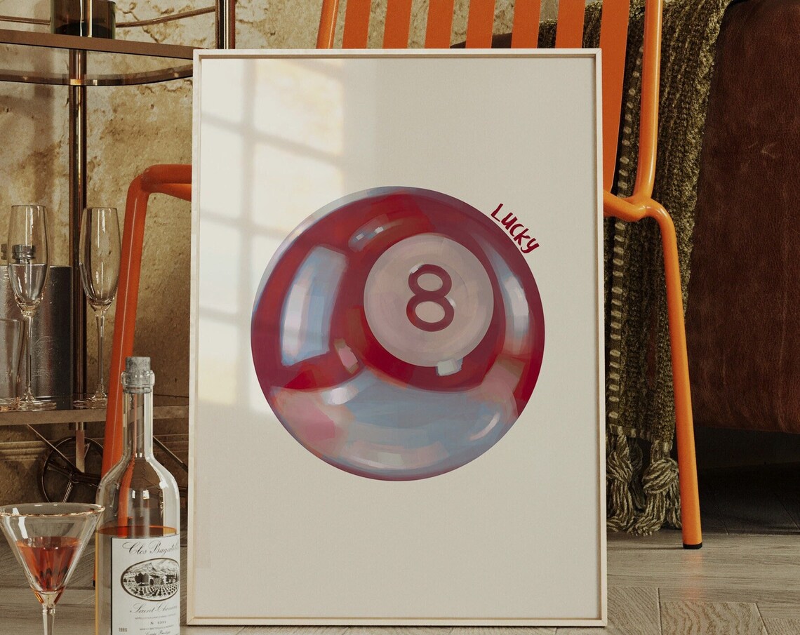Red Lucky 8 Ball Minimalist Retro Billiards Game Room Wall Print