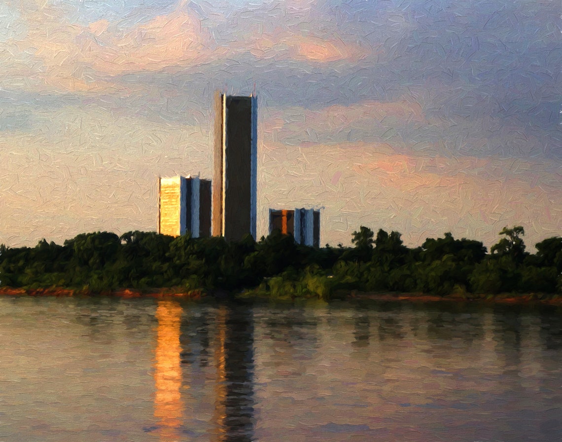 Tulsa CityPlex Towers Across the River Golden Hour Painterly Poster