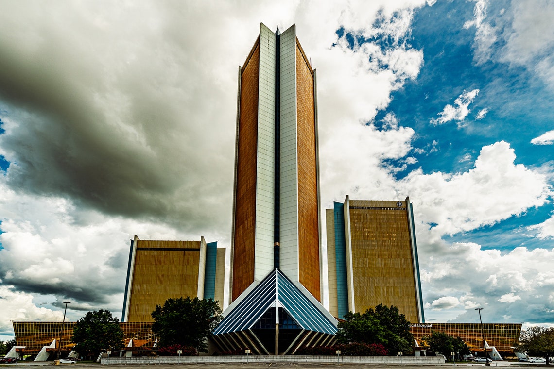 Tulsa Cityplex Towers Pyramid Base Dramatic Clouds Night Poster