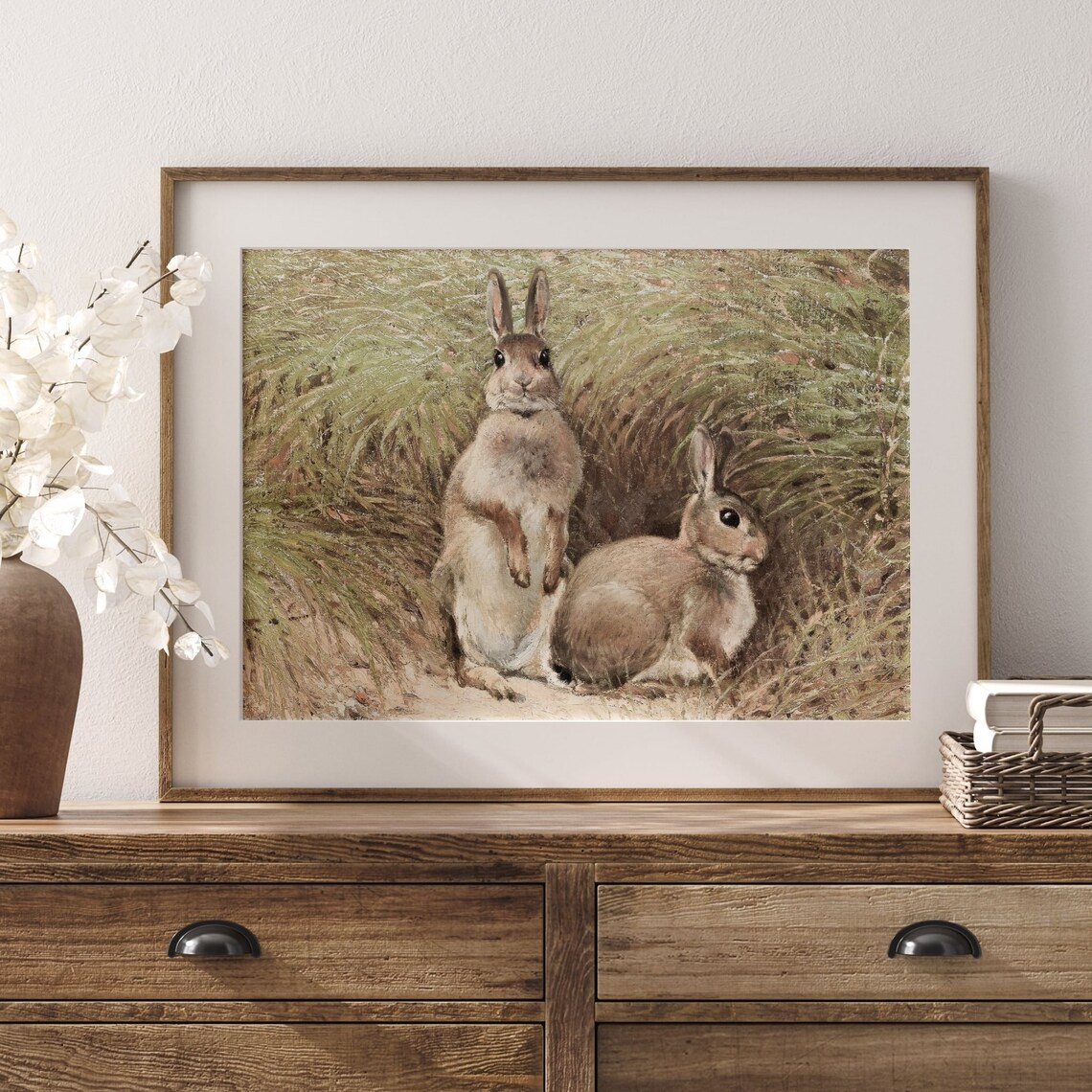 Vintage Pair of Rabbits in Grass Antique Rabbit Painting Wall Art - Image 3