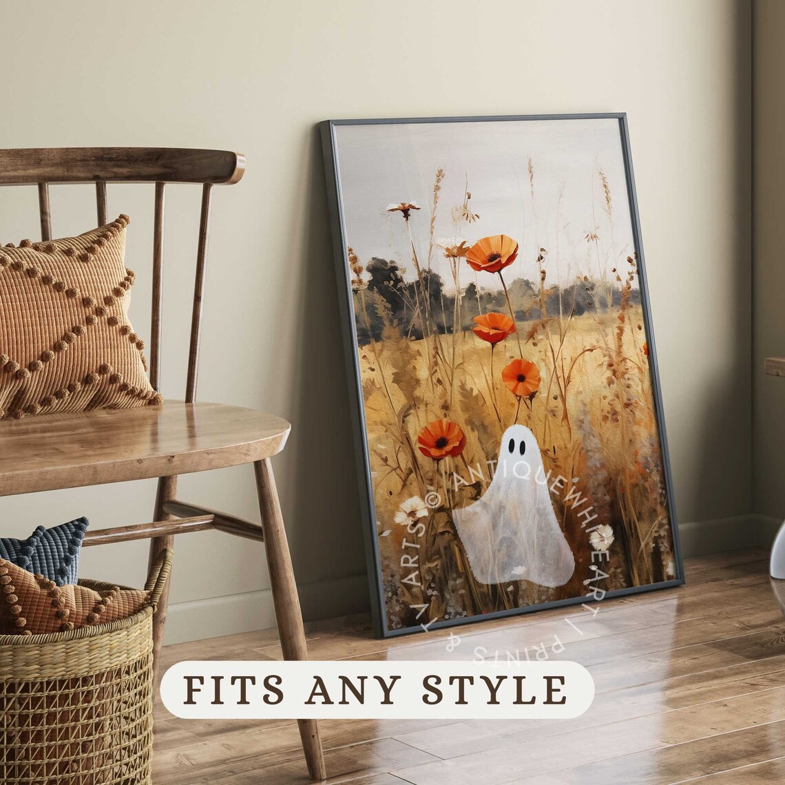 Cute Ghost Poppy Wildflower Field Autumn Vintage Wall Art Print - Image 3