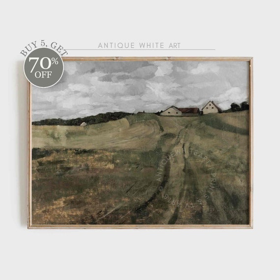 Rustic Oil Painting Vintage Country Scenery Print Moody Tones Landscape Antique Field Wall Art A180