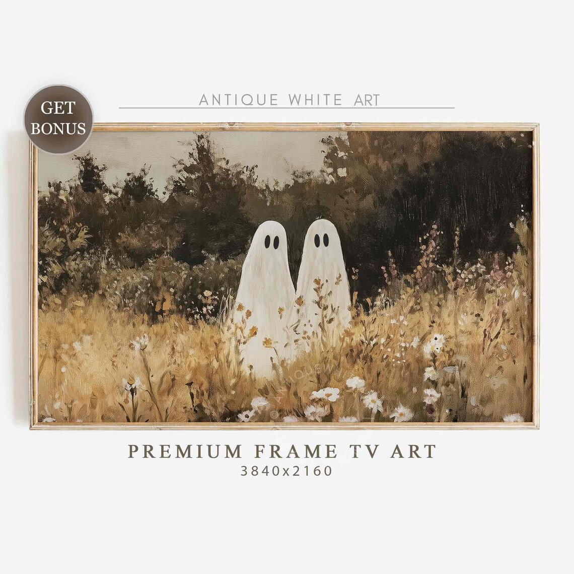 Two Ghosts Standing In Golden Wildflower Meadow Vintage Fall Halloween Poster