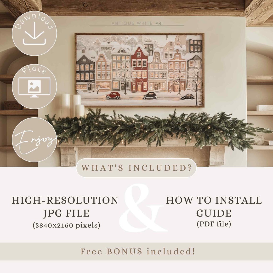 Christmas Village Frame Tv Art Beige Winter Tv Art Country Christmas Town Painting For Tv Neutral Holiday Frame Tv Christmas Decor Wa90 - Image 4