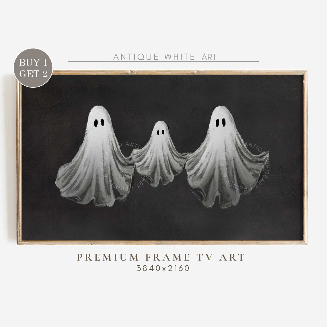 Three Cute White Ghosts Black Background Vintage Halloween Art Print