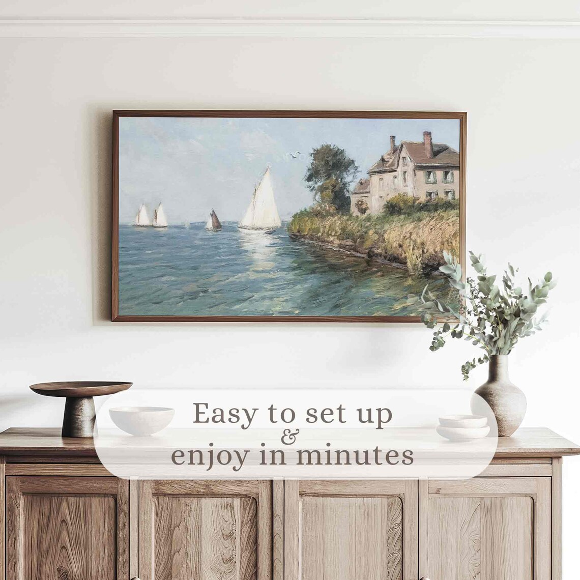 Vintage Sailboats Coastal House Seascape Oil Painting Serene Sea Poster - Image 2