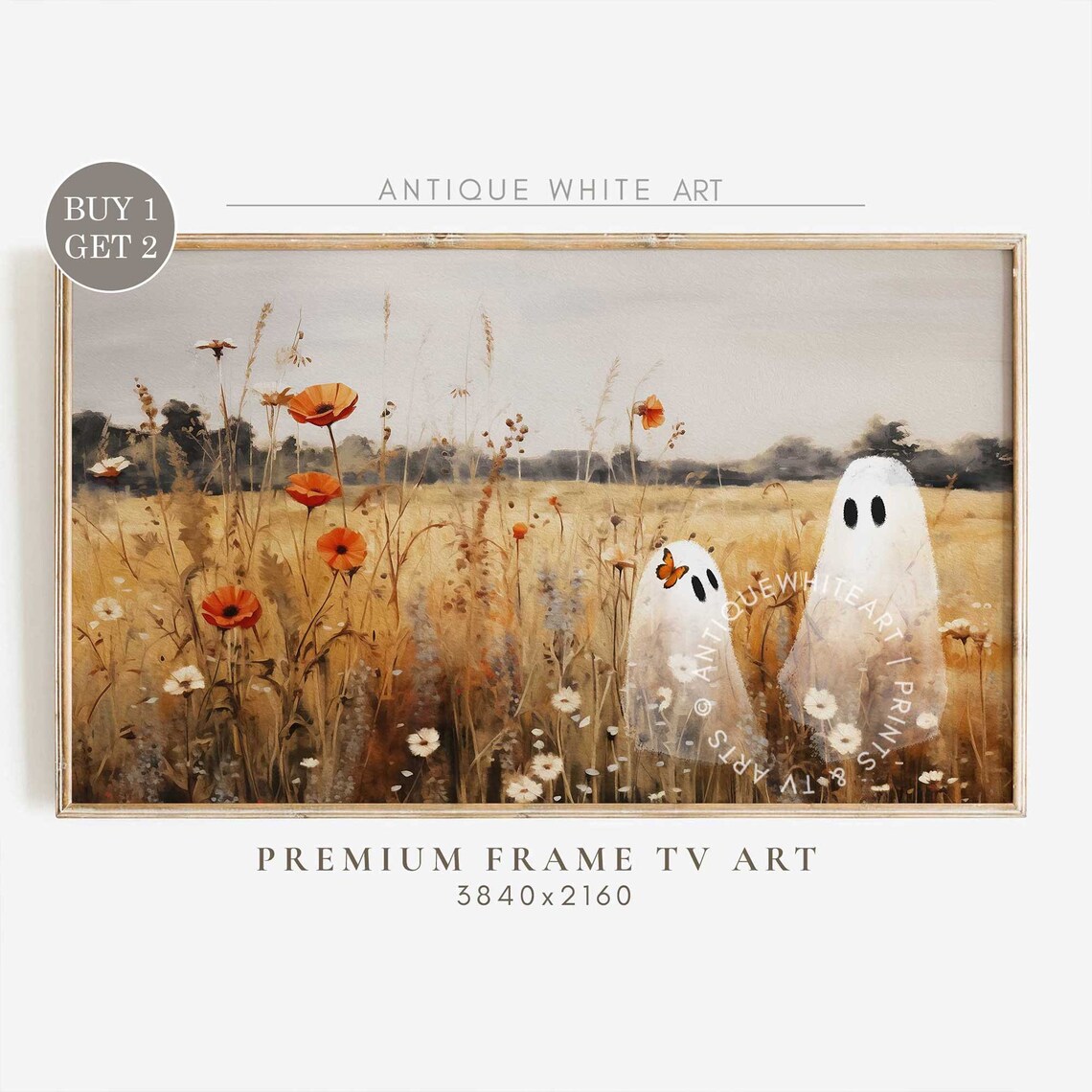 Cute Ghosts In Wildflowers, Vintage Halloween Art