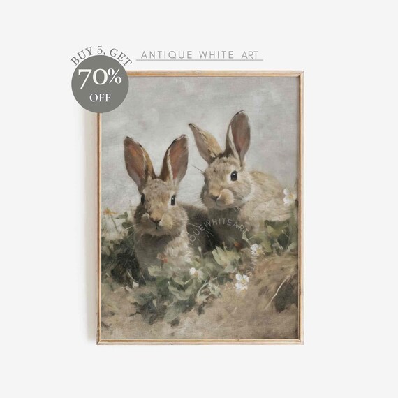 Easter Bunnies Wall Art Classy Easter Decor Print Antique Moody Rabbit Animal Painting Vintage Painting Instant A188