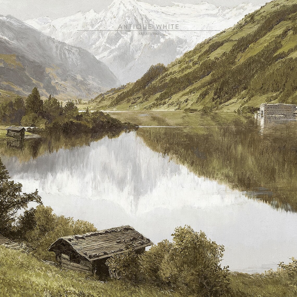 Vintage Austrian Mountains Art Print, Rustic Lake View - Image 2