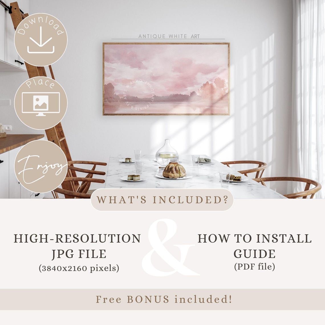 Blush Pink Watercolor Lake Landscape Muted Soft Sky Wall Art - Image 4