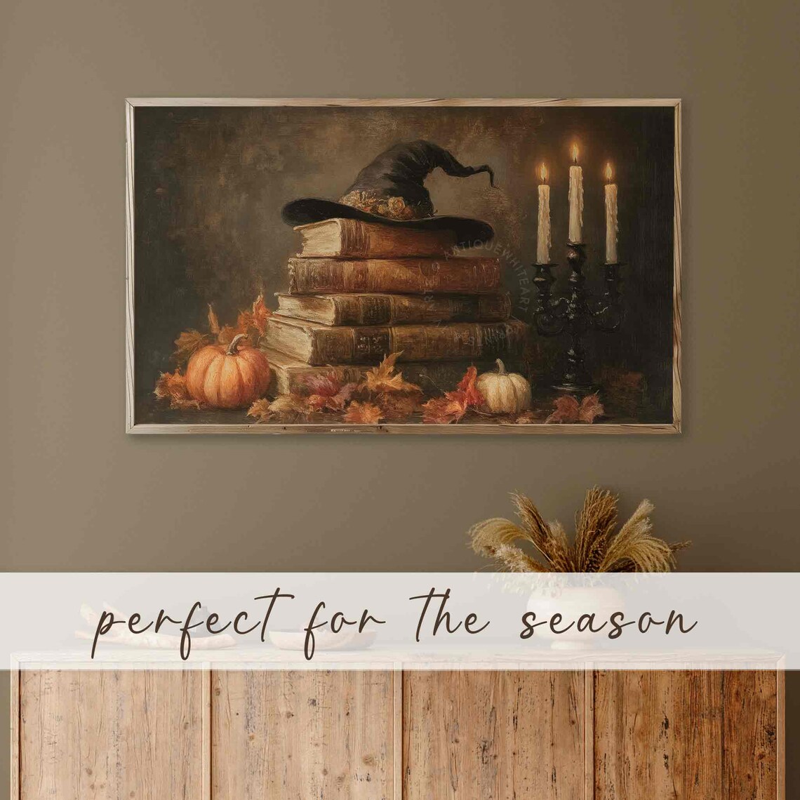 Witch Hat On Antique Books With Candles And Pumpkins Dark Moody Art Poster - Image 2