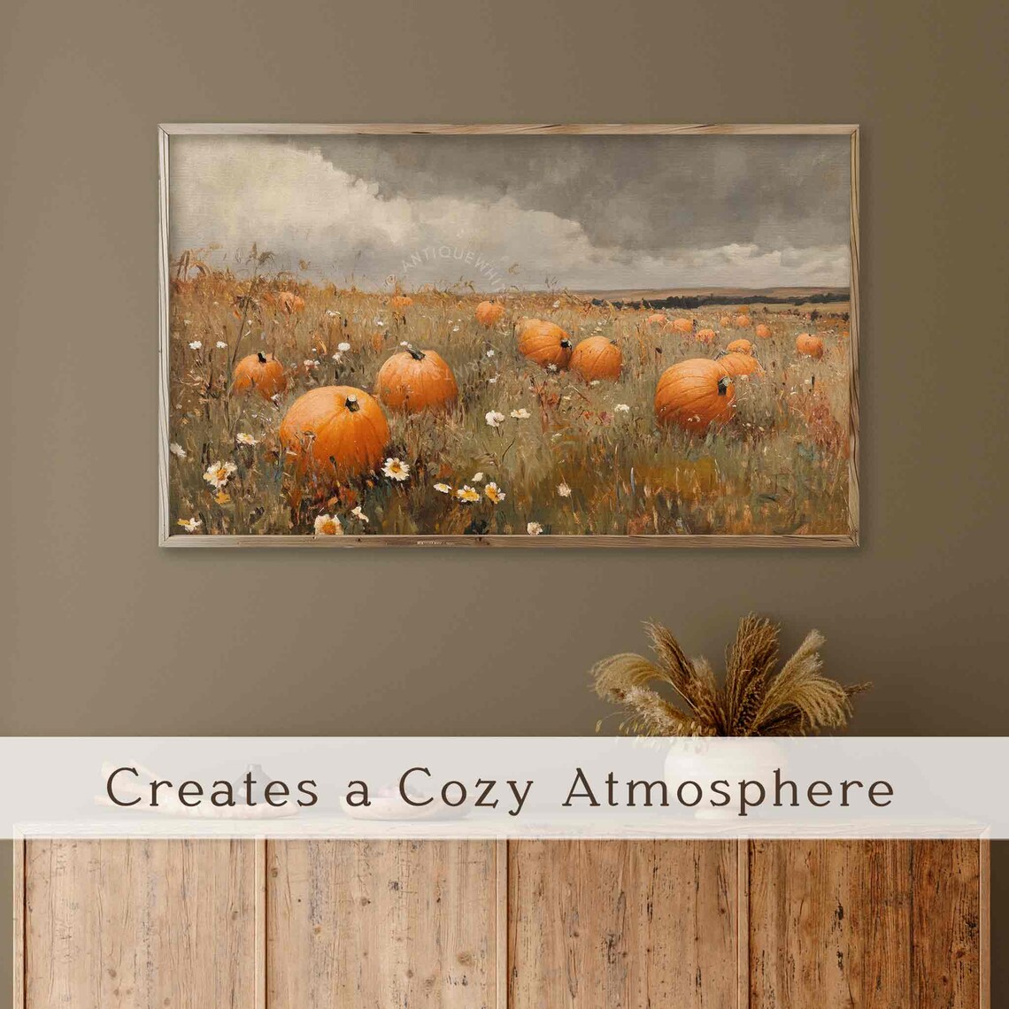 Pumpkins Scattered In Tall Wildflower Field Under Cloudy Autumn Sky Art Poster - Image 3
