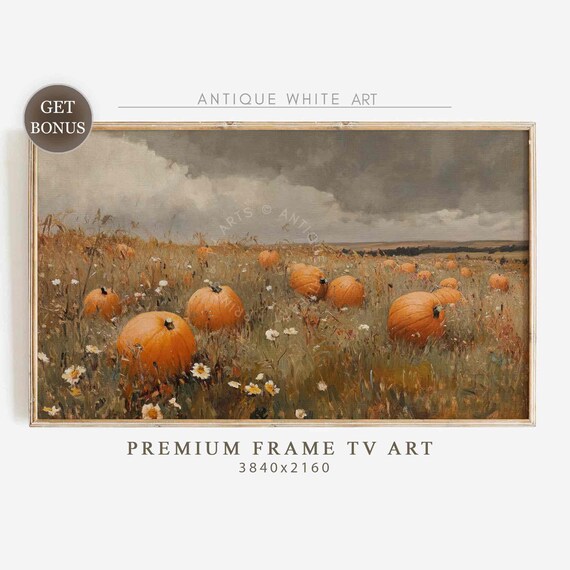 Pumpkins Scattered In Tall Wildflower Field Under Cloudy Autumn Sky Art Poster