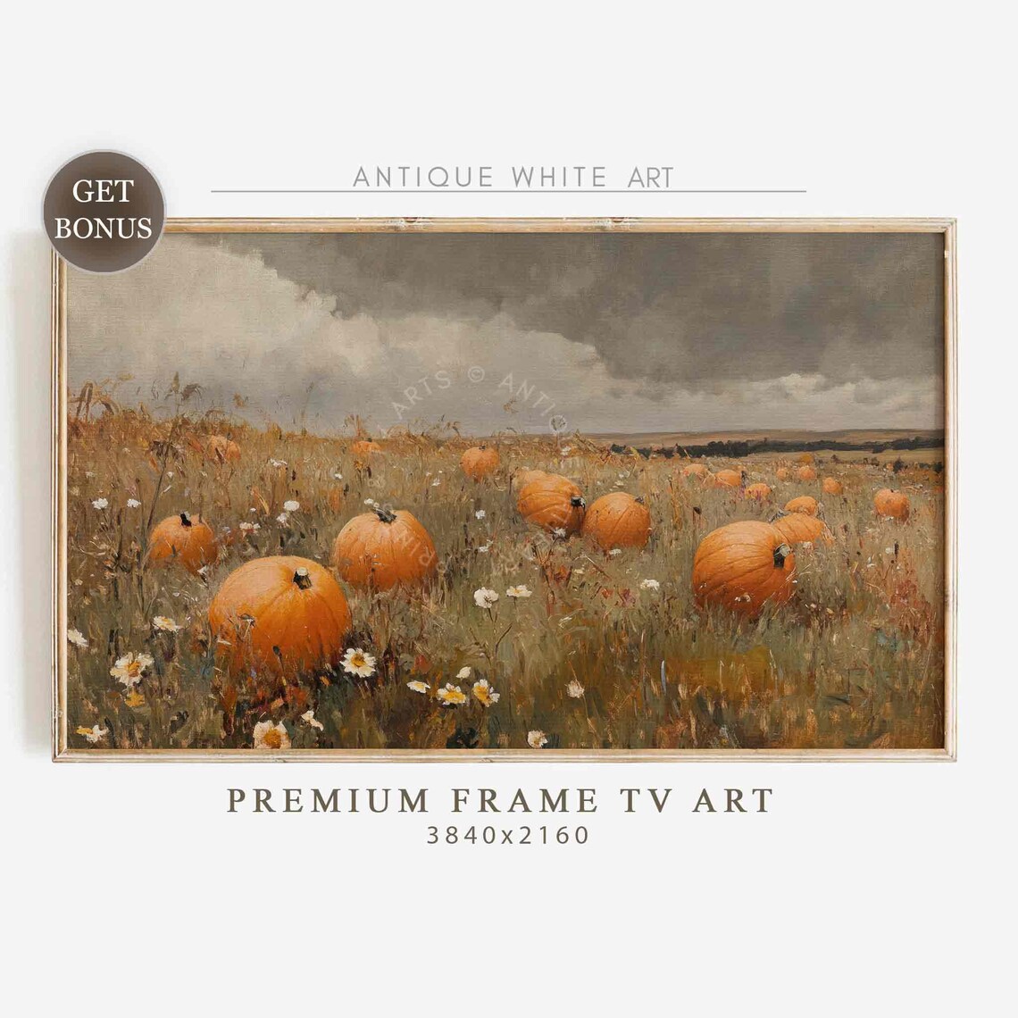 Pumpkins Scattered In Tall Wildflower Field Under Cloudy Autumn Sky Art Poster