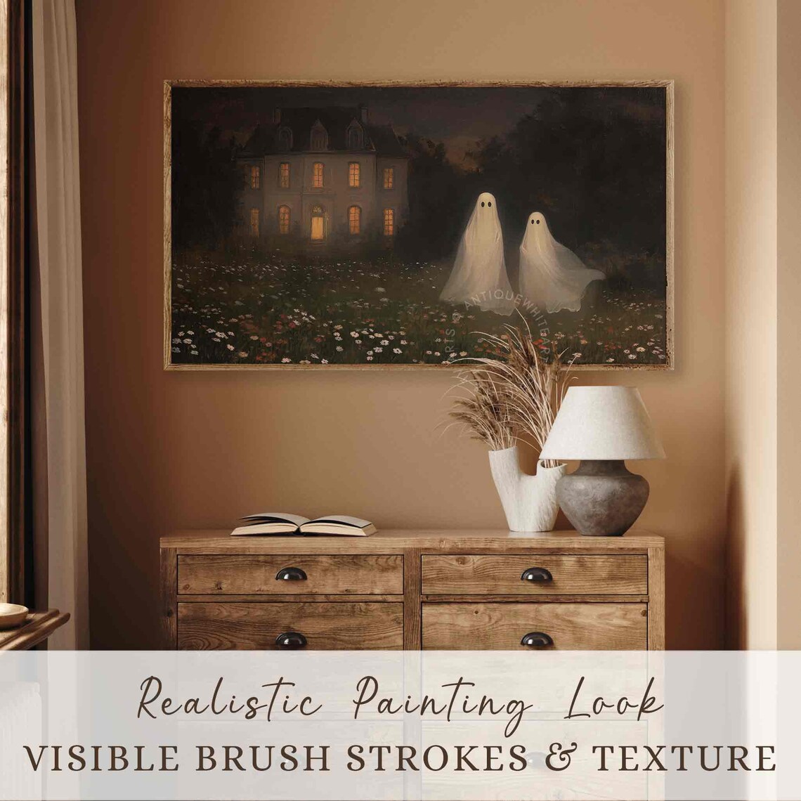 Two Ghosts In Wildflower Meadow Before Lit Manor At Night Spooky Art Poster - Image 3