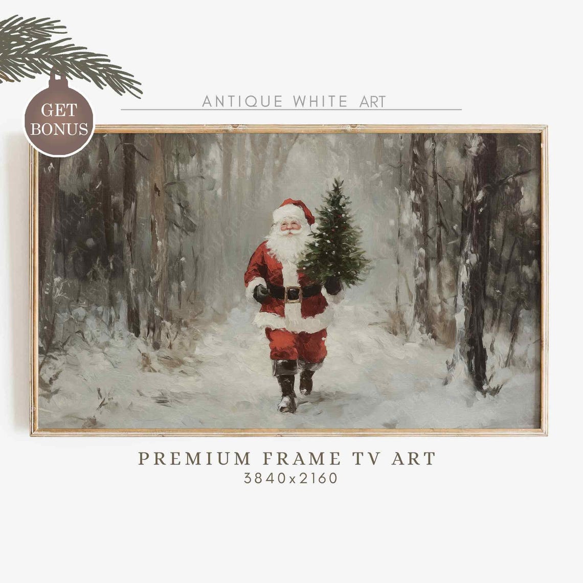 Santa Carrying Christmas Tree Through Snowy Forest Night Poster