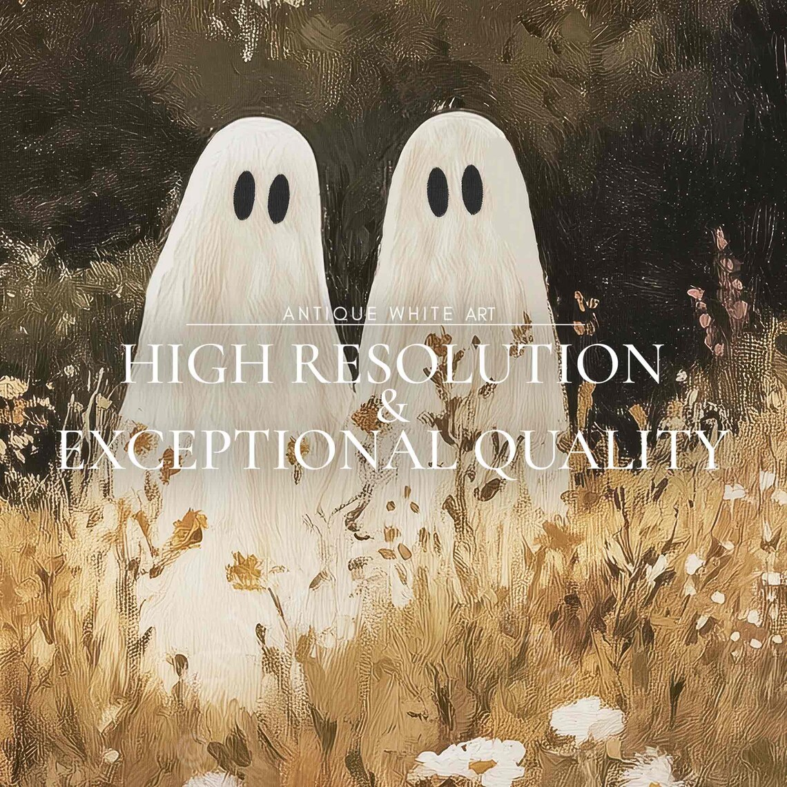 Two Ghosts Standing In Golden Wildflower Meadow Vintage Fall Halloween Poster - Image 3