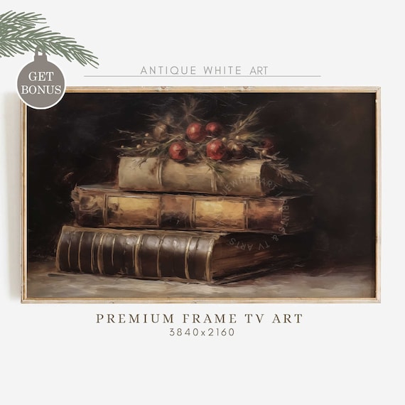 Frame Tv Still Life With Books Rustic Christmas Oil Painting Frame Tv Art Moodyvintage Christmas Decor Christmas Tv Art Wa10
