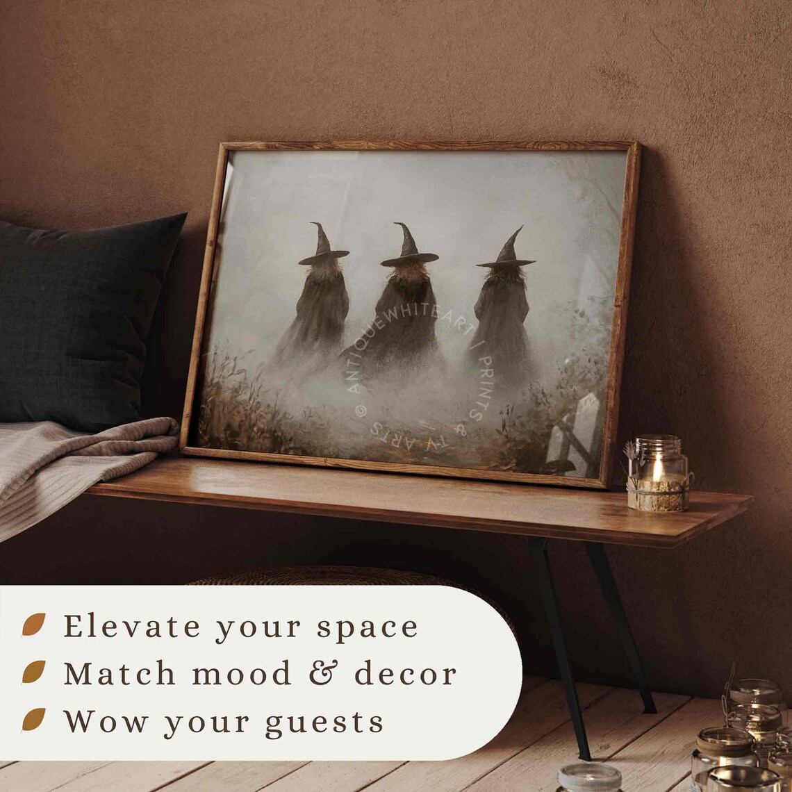 Three Witches Foggy Field Dark Halloween Witchy Vintage Spooky Poster - Image 3
