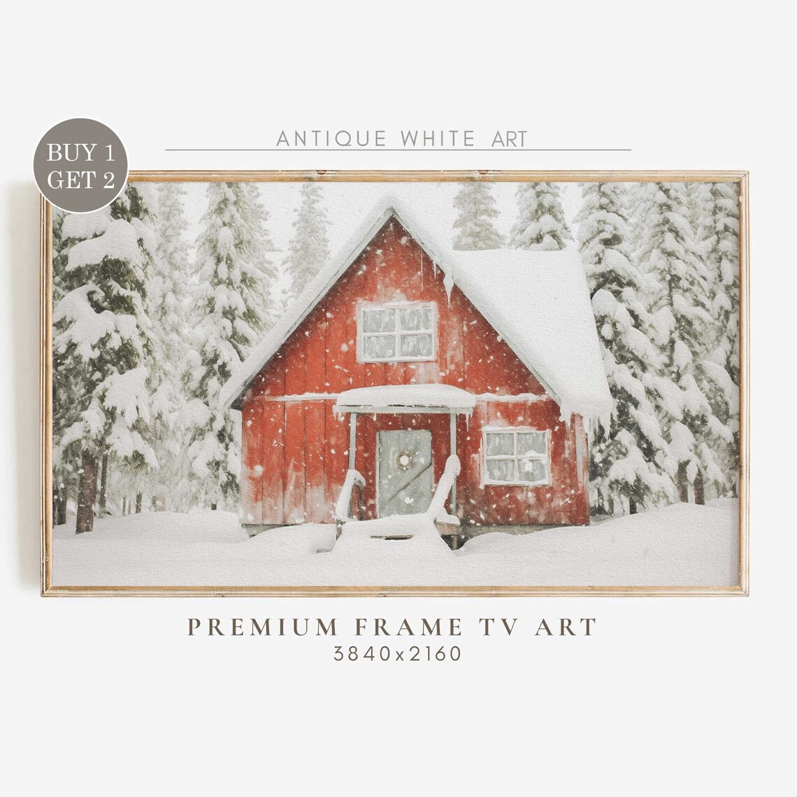 Small Red Cabin Snowy Pine Forest Christmas Vintage Wall Art Print