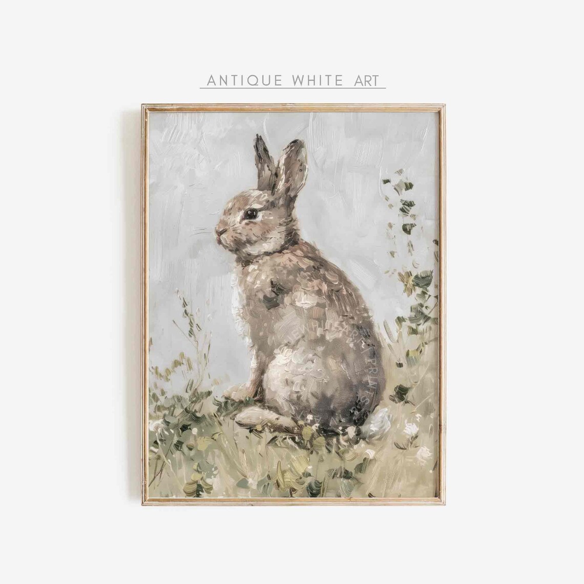 Vintage Rabbit Oil Painting Brown Bunny in Grass Animal Wall Print