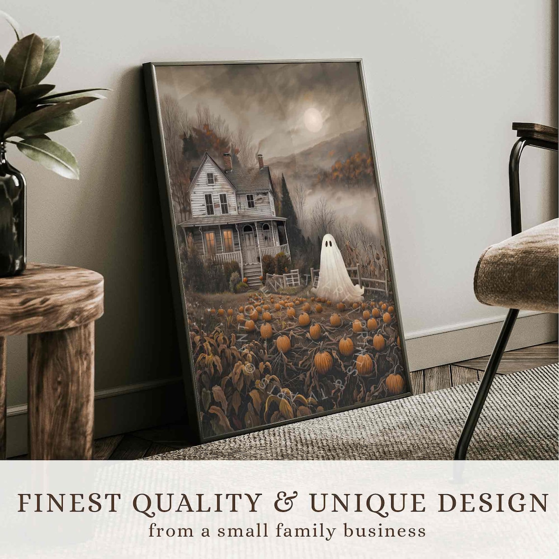Ghost In Pumpkin Patch Under Full Moon Spooky Vintage Farmhouse Halloween Poster - Image 3