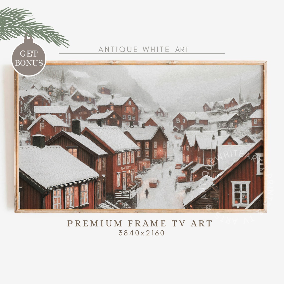 Frame Tv Art Snowy Winter Village Muted Painting For Tv Farmhouse Christmas Frame Tv Art Holiday Art For Tv Home Decor Wa4