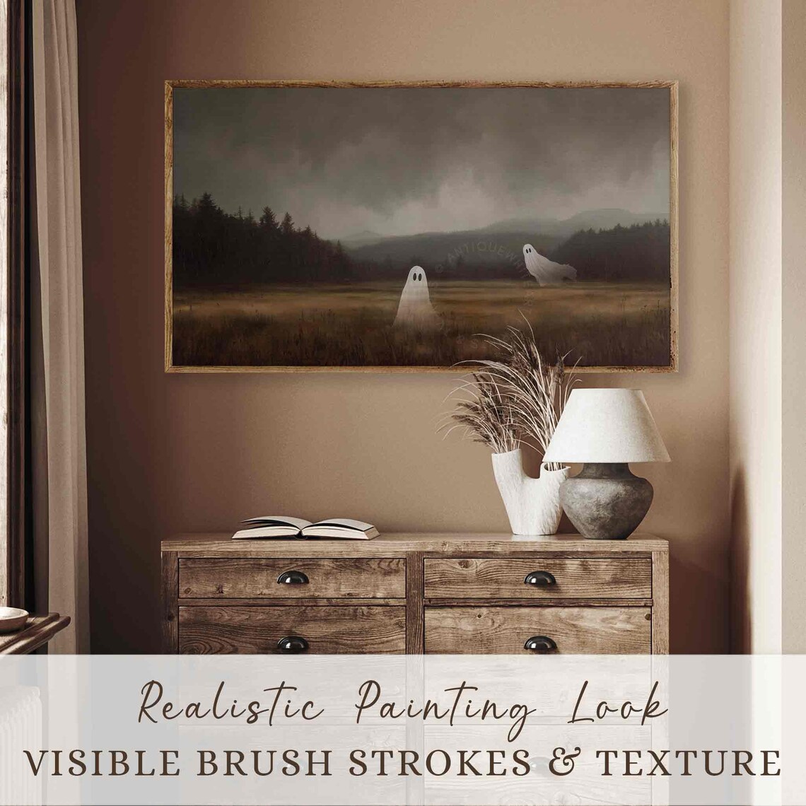 Two Ghosts In Stormy Field Under Moody Gray Sky Vintage Dark Halloween Poster - Image 2