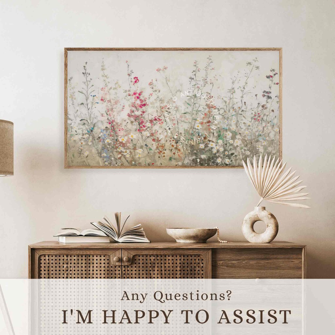 Pastel Wildflower Meadow Landscape Neutral Tone Floral Art TV Poster - Image 2
