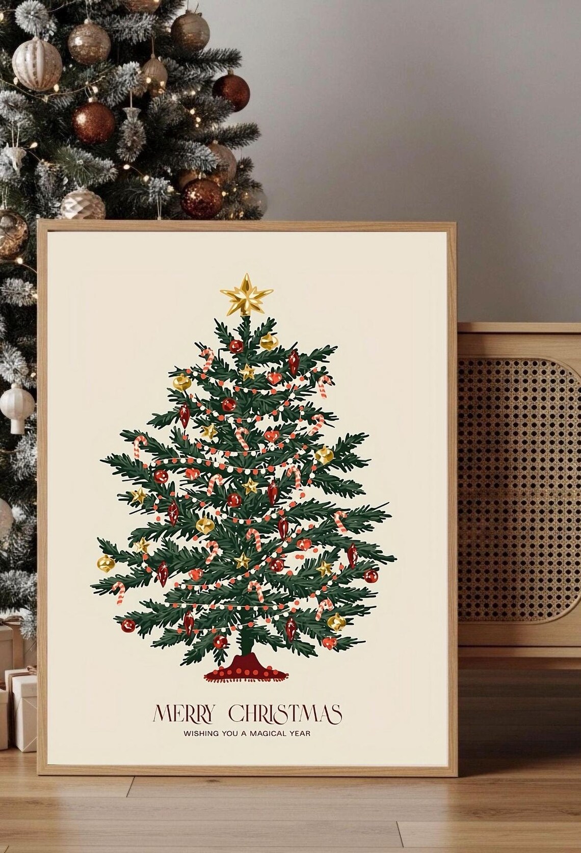 Merry Christmas Tree Gold Ornaments Holiday Winter Seasonal Poster