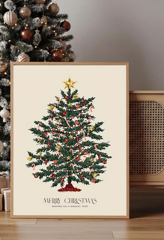 Merry Christmas Tree Gold Ornaments Holiday Winter Seasonal Poster