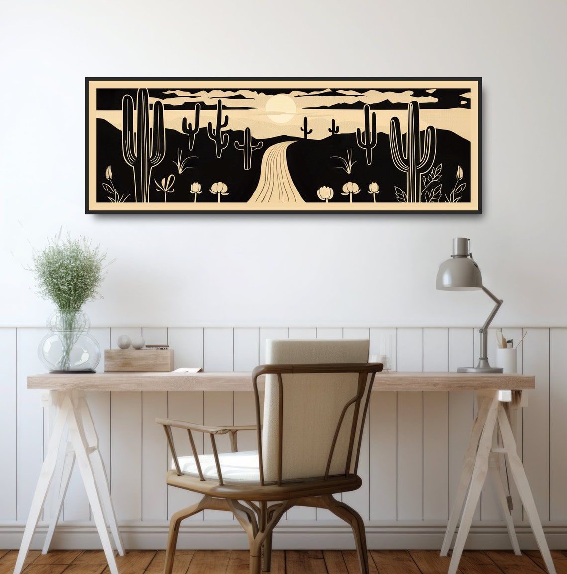 Winding Desert Road Saguaro Cactus Monochrome Woodcut Style Poster - Image 2