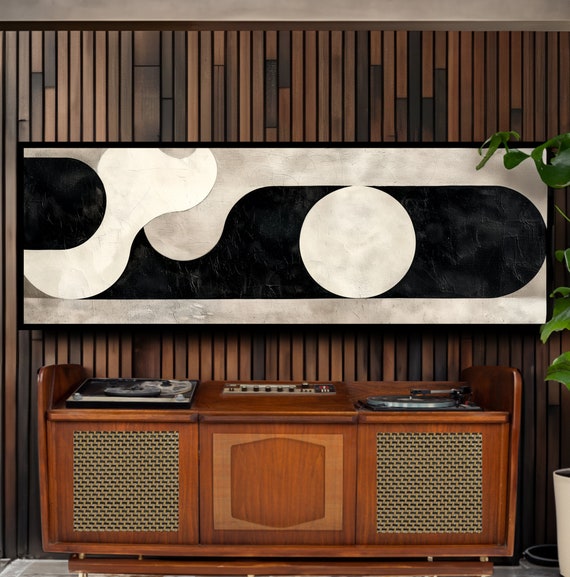 Abstract Geometric Black White Wall Art Midcentury Modern Minimalist Painting Panoramic Mixed Media Print Neutral High Contrast