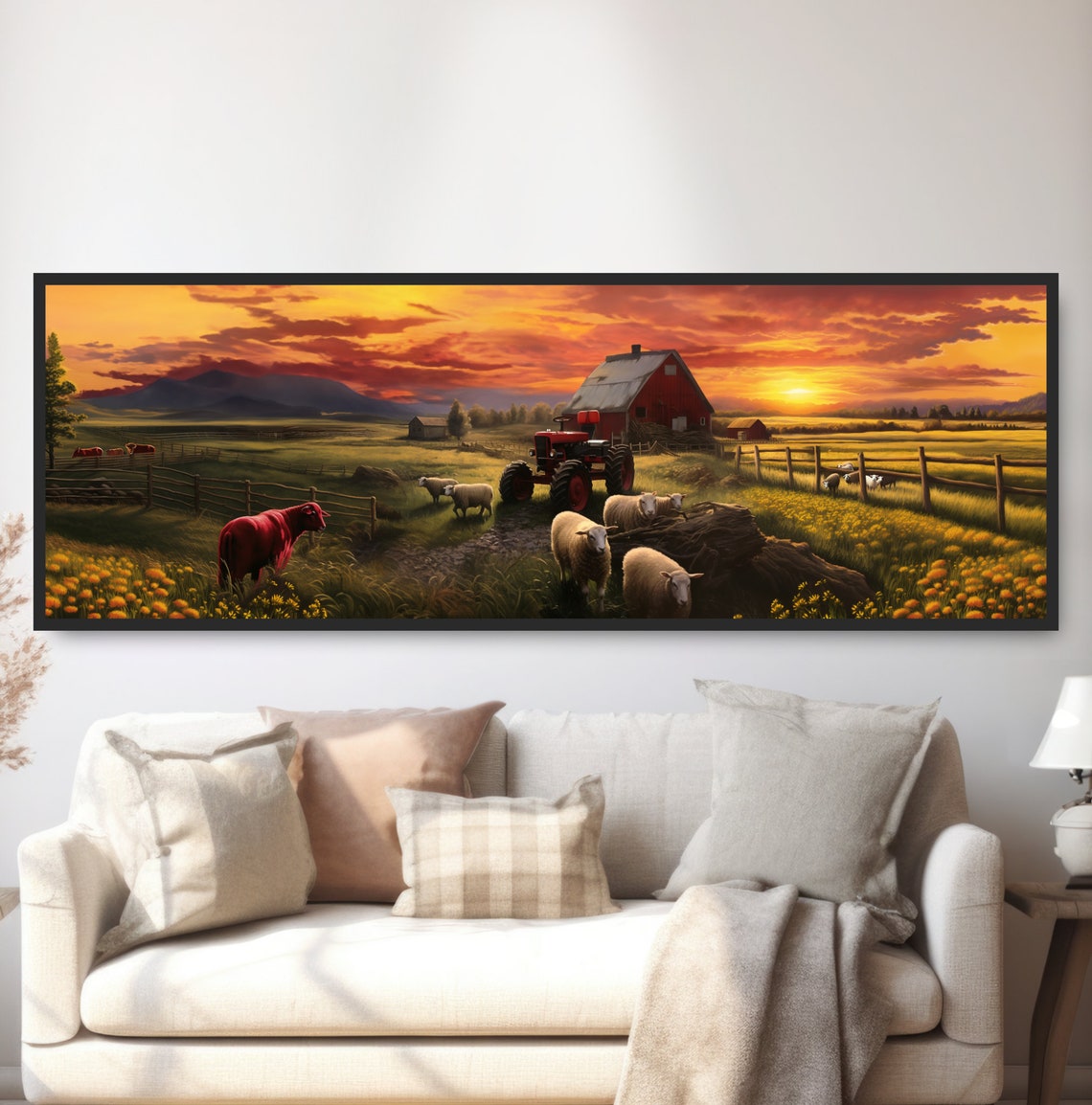 Sheep Farm at Sunset Red Barn Tractor Panoramic Countryside Wall Art