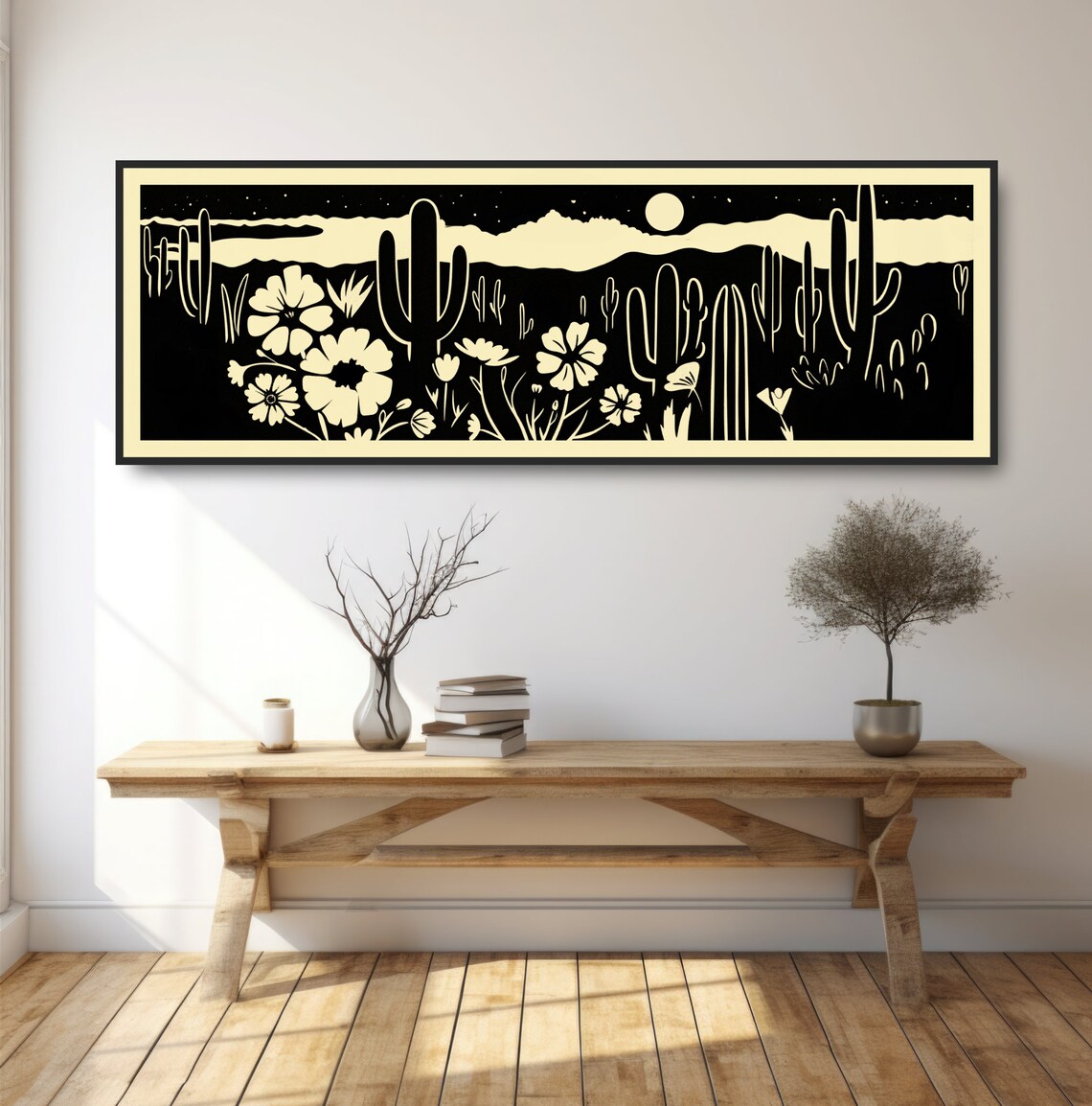 Desert Night Wildflowers Saguaro Cactus Moon Woodcut Style Poster - Image 2