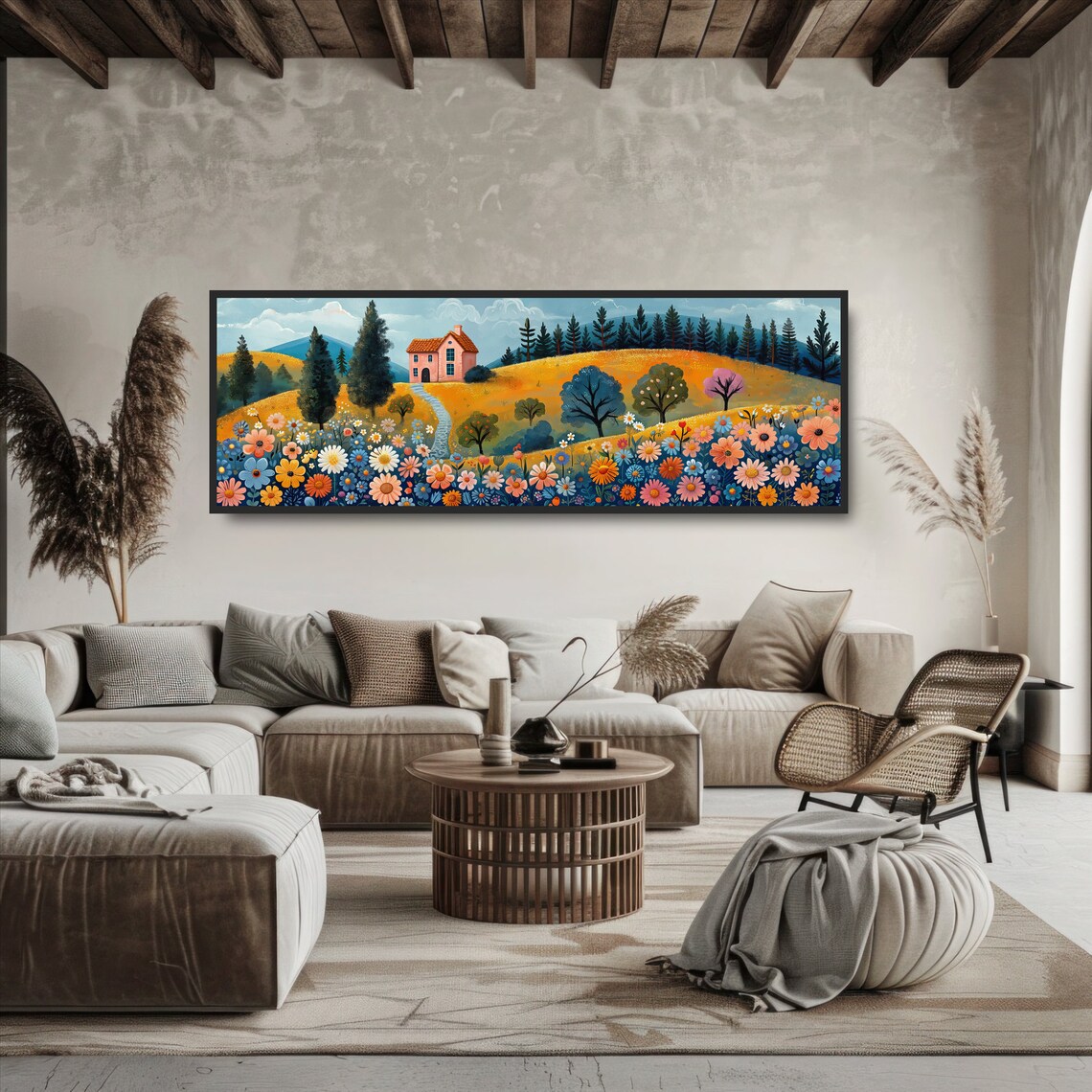 Whimsical Pink House on Hill Colorful Folk Art Floral Meadow Poster - Image 5