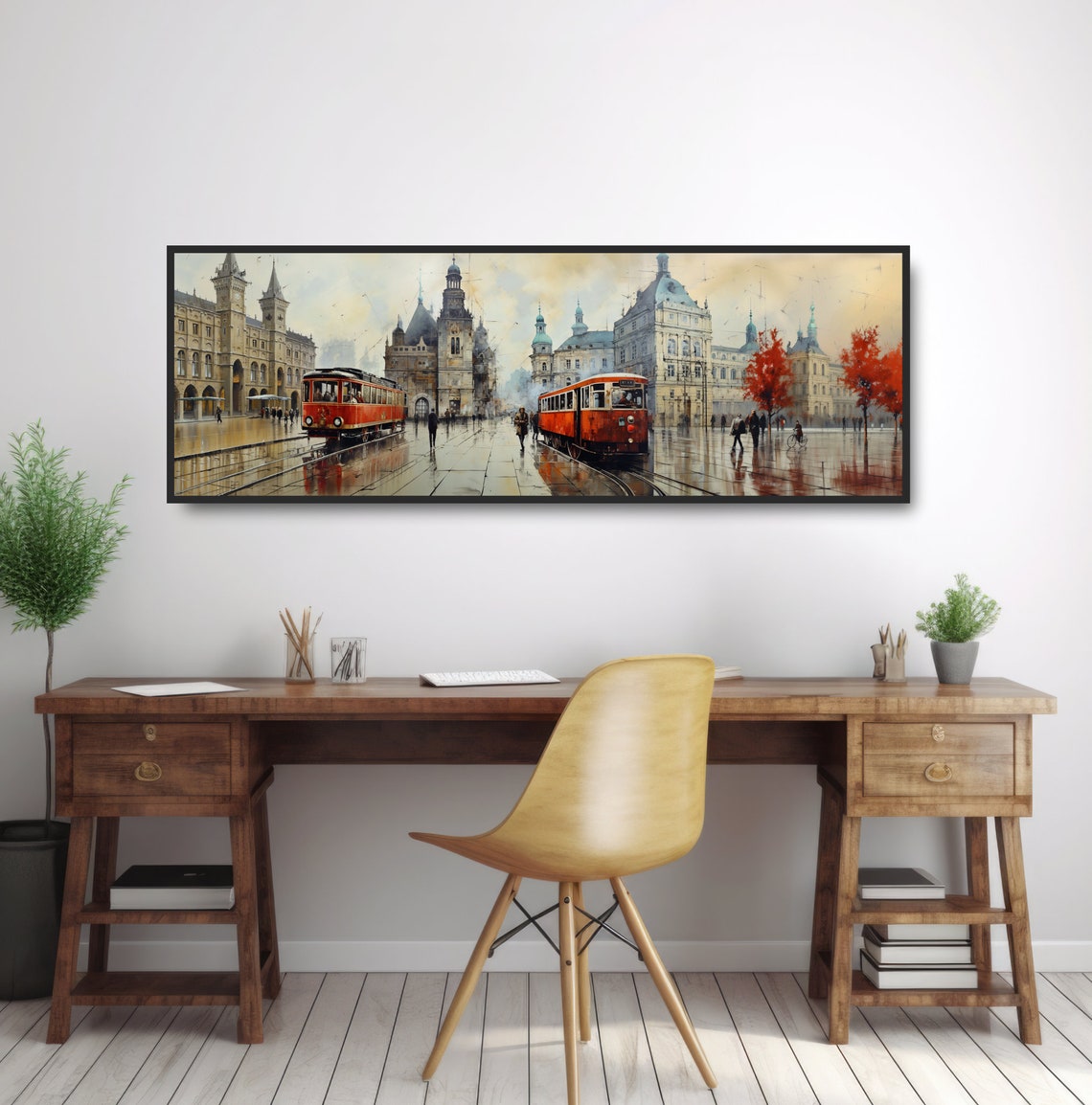 Europian Town Square Trollycars Large Panoramic Cityscape Painting Red Streetcar Trams Europe Town Square Art Neutral Beige Old World - Image 2