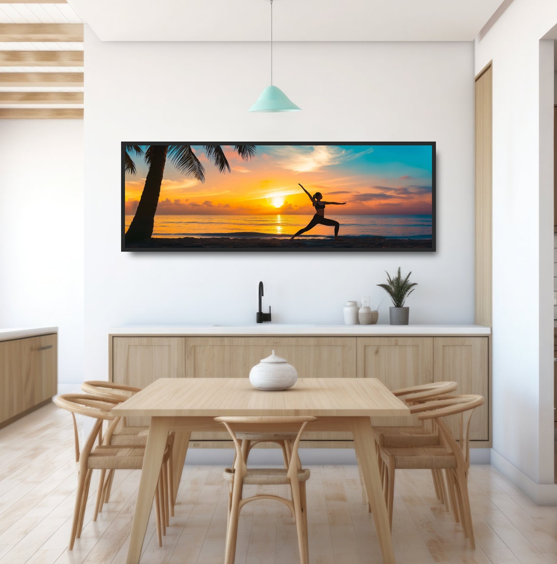 Golden Sunset Beach Yoga Warrior Pose Palm Tree Silhouette Poster - Image 2