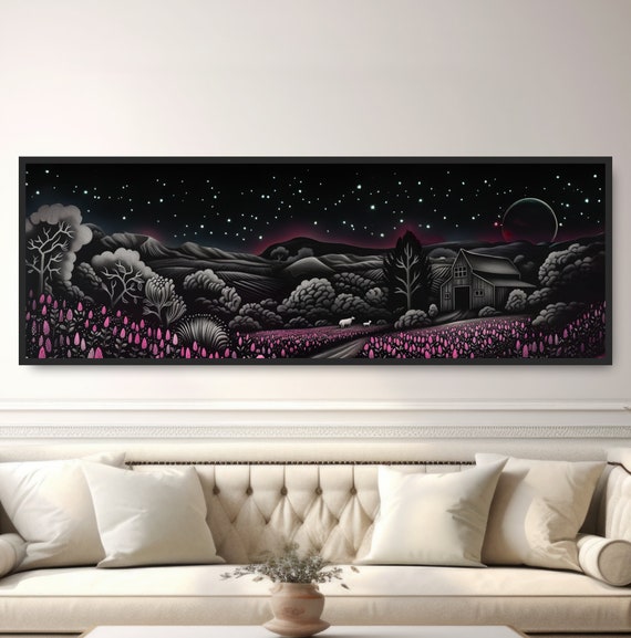 Starry Night Farm Painting Panoramic Countryside Barn Landscape Wall Art Pink Lilac Flower Field Sheep Lamb Black White Stars Sky Moon