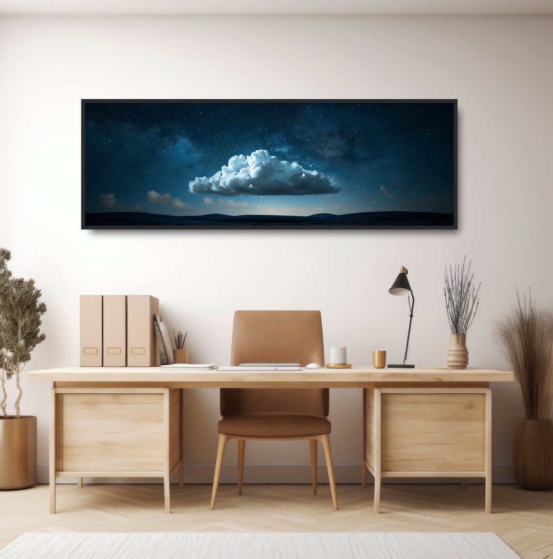 Lone Cloud Starry Night Sky Minimalist Dark Horizon Panoramic Poster - Image 2