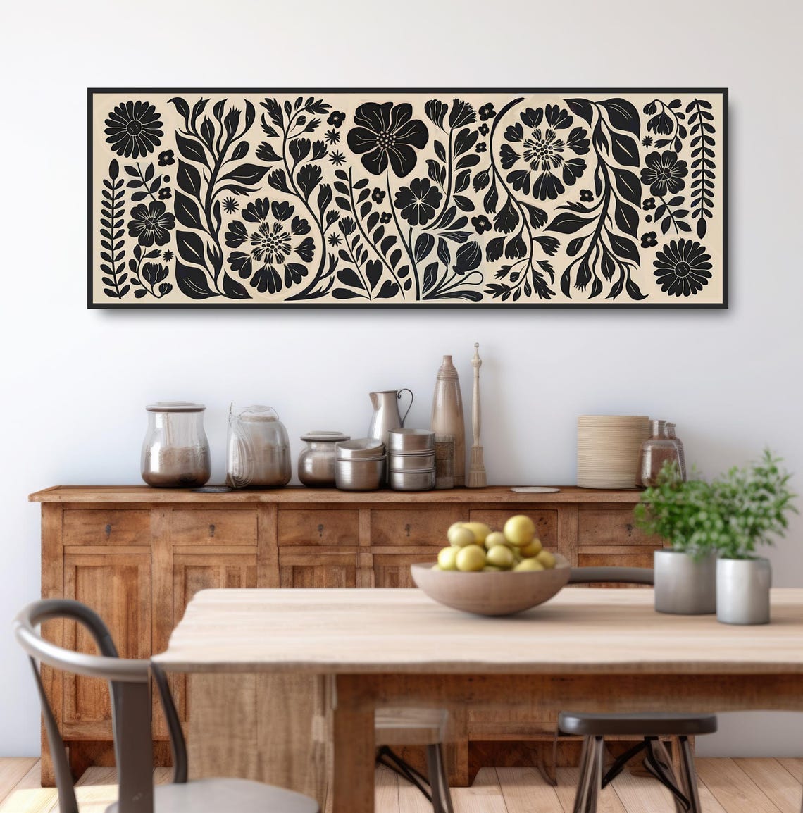 Bold Black Beige Botanical Print Asymmetric Floral Vines Decor Art - Image 3