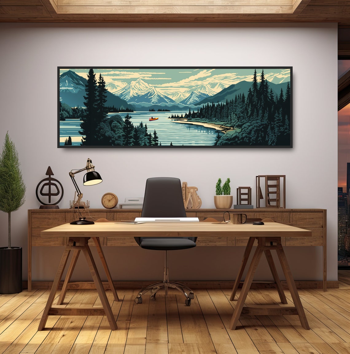 Gift For Kayaker Vintage Mountain River Bold Nature Illustration Large Retro Nostalgic Panoramic Landscape Monochrome Teal Blue Black - Image 2