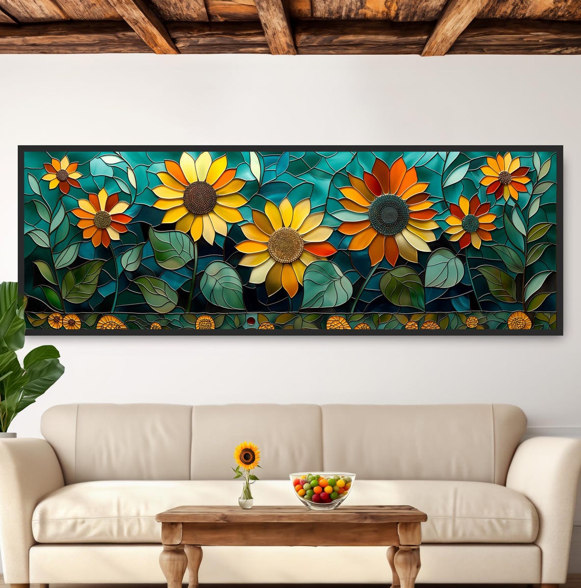 Stained Glass Style Sunflowers Teal Background Mosaic Art Poster